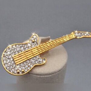 Guitar Brooch Gold and Silver Rhinestones Jewelry Statement Pin Estate Sale